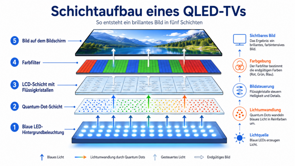 QLED erklärt: Schichtaufbau aus LED-Beleuchtung, Quantum-Dot-Schicht und LCD-Panel