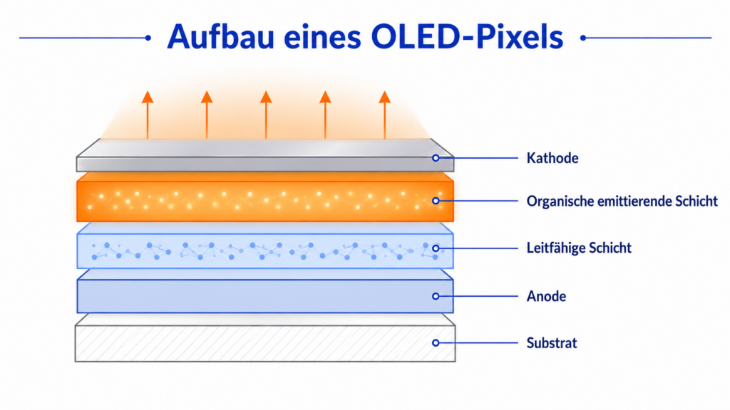 Technischer Aufbau eines OLED-Pixels mit organischer Leuchtschicht im Querschnitt