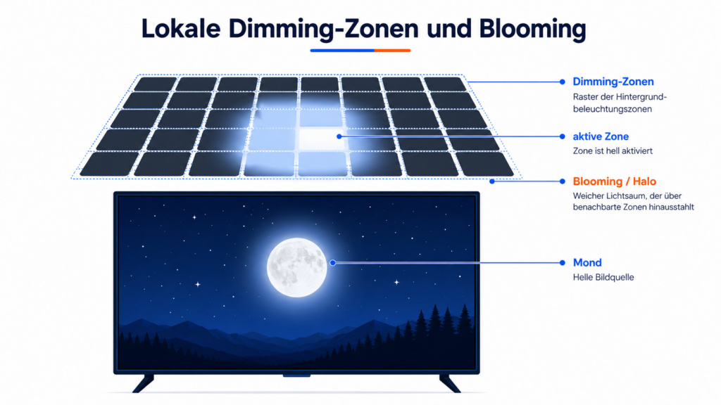 Local Dimming bei Mini-LED: einzelne Dimming-Zonen und Blooming um helle Objekte