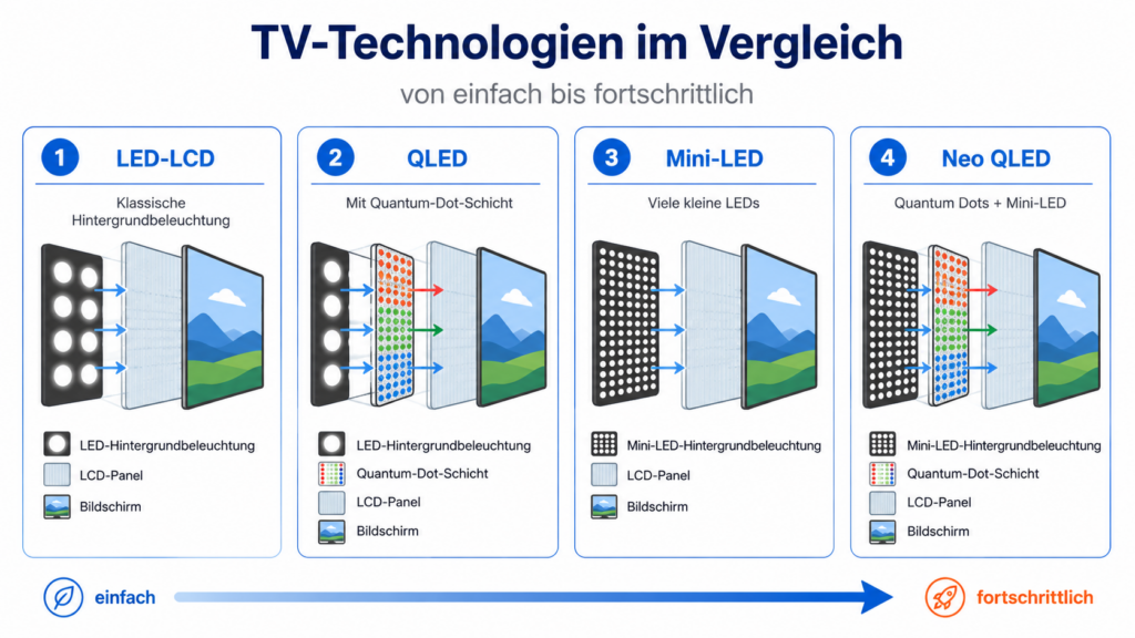 Vergleich der Hintergrundbeleuchtung von LCD, QLED, Neo QLED und Mini-LED